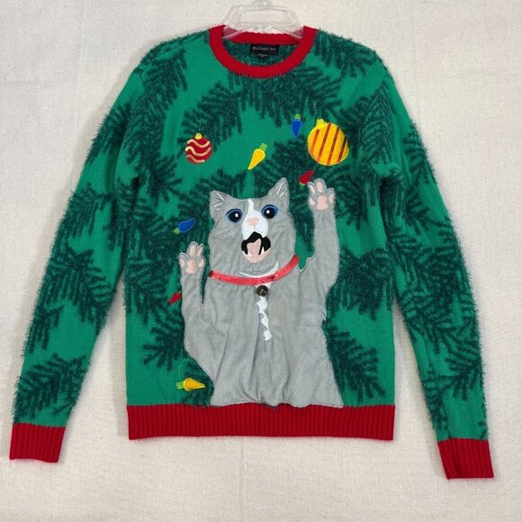 Green Red Ugly Christmas Sweater Gray Cat w/ Bell & Ornaments Blizzard Bay S - Picture 1 of 9